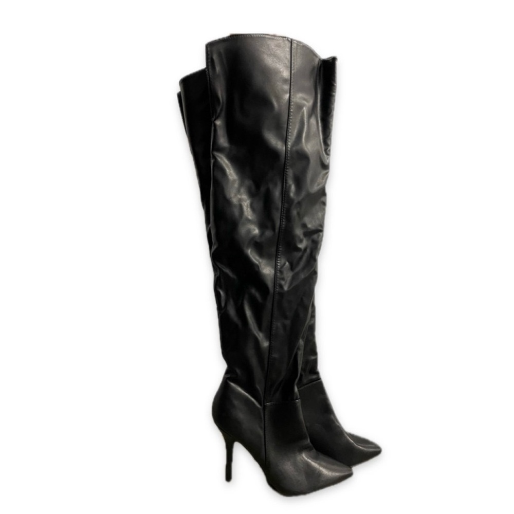 qupid | black faux leather pointy toe knee high stiletto heel boots | sz 8.5